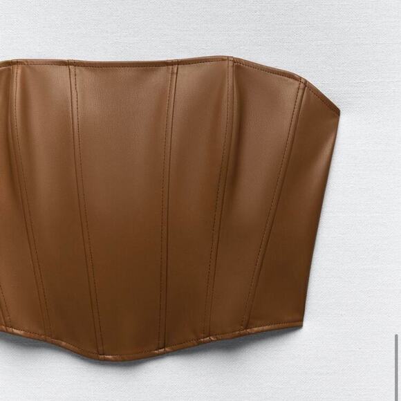 Zara Brown Faux Leather Vegan Strapless Tube Bustier Corset Crop Top Size S - Picture 5 of 8